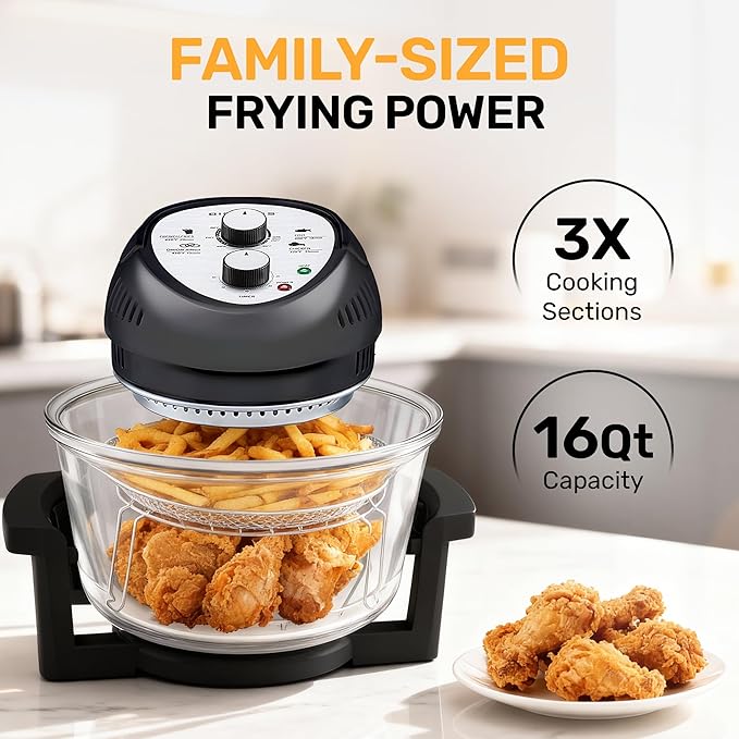 Big Boss 16Qt Large Glass Air Fryer Non Toxic – Family Sized Large Halogen Oven Cooker with 3 Cooking Sections, Stainless Steel Racks, French Fries, Chicken, No Preheat, Self Cleaning, Dishwasher Safe