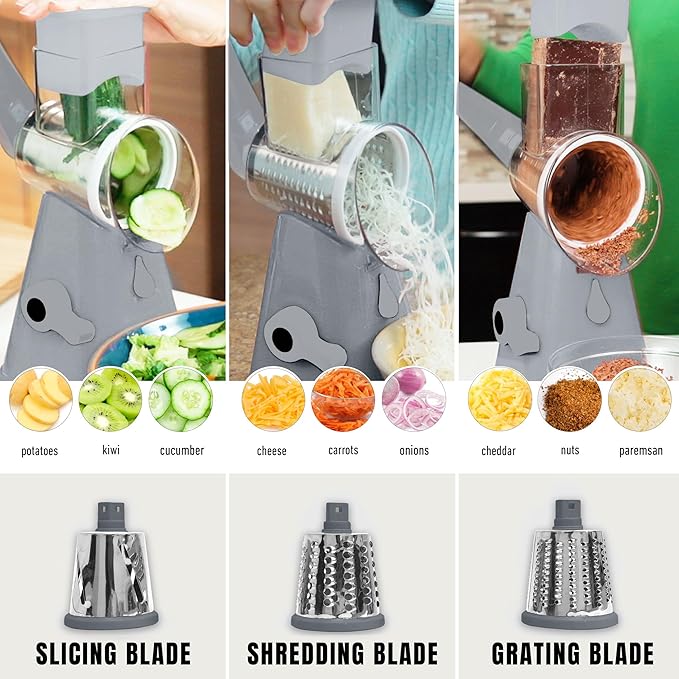 EMSON Rotary Cheese Grater Hand Crank, Stainless Steel Rotary Graters for Kitchen with 3 Blades, Vegetable Slicer, Cheese Shredder with Suction Cup Base, Dishwasher Safe - Gray