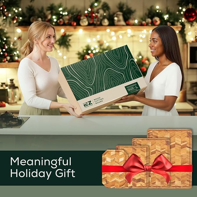 EZ FURNITURE Teak Herringbone Wood Premium Cutting & Serving Board, Knife Friendly, Non-Toxic, Juice Groove & Handles, Pre-Oiled with Food-Grade Mineral Oil (XL 24" x 18" x 1.5", 16.98 lbs)