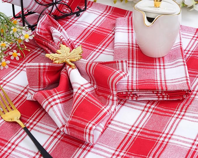 Blue Needles Gingham Buffalo Plaid Cloth Napkins 100% Cotton Set of 12 Dinner Table Napkins 18x18 inch Soft, Reusable, Washable Perfect for Valentine's Day Parties & Everyday Use - Silver Red & White