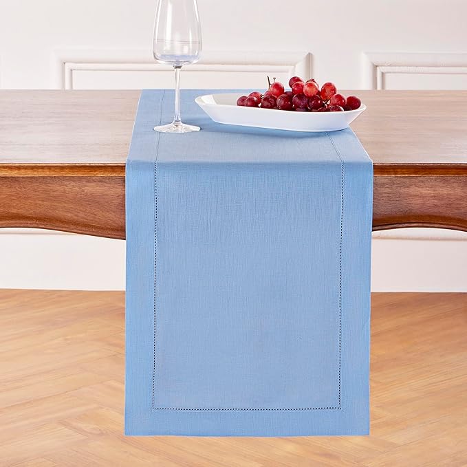 Solino Home Linen Cornflower Blue Table Runner 132 Inches Long - 100% Pure Linen Hemstitch 14 x 132 Inch Table Runner for Dining, Winter, Spring, Easter - Classic Hemstitch