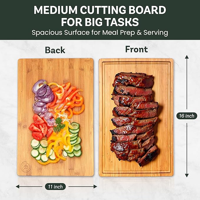 Bamboo Cutting Board for Kitchen - 16" Wooden Cutting Board with Side Handles, Deep Juice Groove, Heavy Duty Chopping Board & Serving Tray, Large Reversible Charcuterie & Cheese Board for Meat Serving