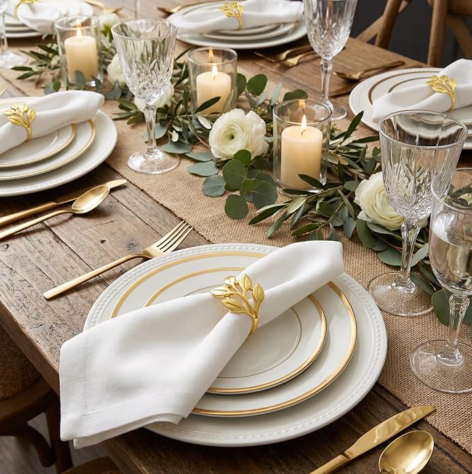 Napkin Rings Set of 12, Shiny Gold Napkin Rings, Smooth, Easy Care, Solid Zinc Alloy Leaf Shaped Elegant Table Decor, Stylish Napkin Ring Bulk for Holidays Wedding, Party, New Homes Gift