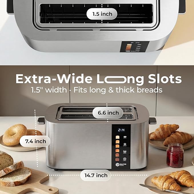Balter Toaster 4 Slice Wide Slot, Bagel Function, Long Slot, Stainless Steel, Touch Screen, Built-in Rack, Extra-Wide 1.5" Slots for Thick Breads & Bagel, Timer, BPA-Free, 6 Levels, Removable Tray