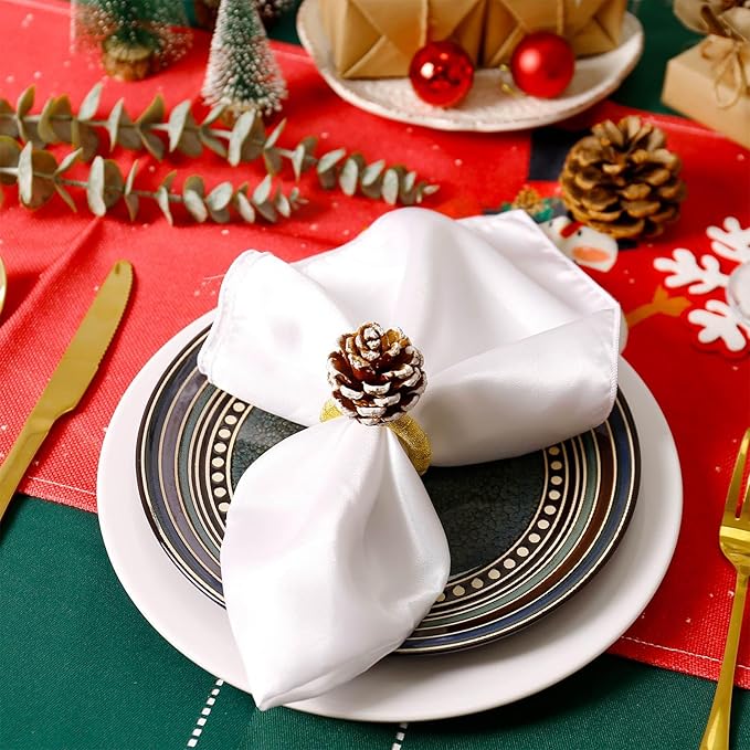 Christmas Napkin Rings Set of 8, Snow Pinecone Rings with Gold Rabbin Buckle Rustic Napkin Rings for Christmas Thanksgiving Holiday Table Dinner Celebration
