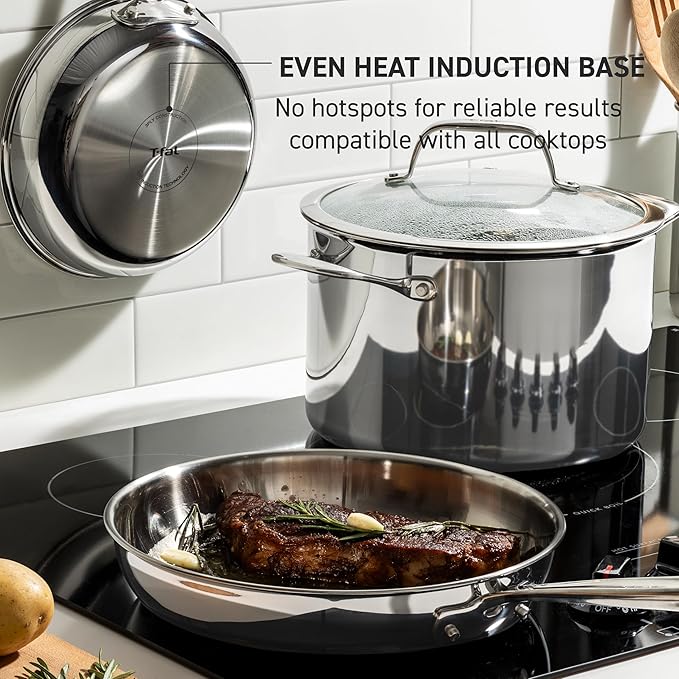 T-Fal Pro Tri-Ply Fry Pan, Stainless Steel Pan 12 inch, Induction Cookware, Oven Safe 500F, Fast & Even Heat, Professional Quality & Durability, Skillet, Cookware, Silver
