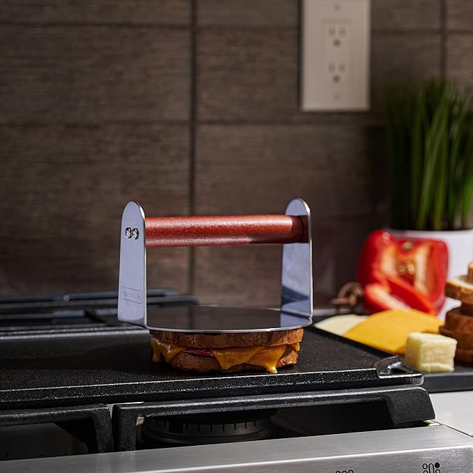Bellemain Burger Smasher for Griddle | Stainless Steel 6" Round Smash Burger Press | Hamburger Press for Grill, Cooking, Meat Press with Wooden Handle, Grill Accessories Kit
