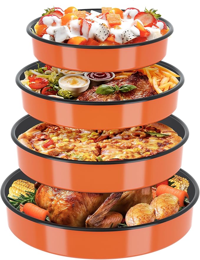 MCCSI Round Roasting Pan Set Bakeware 4 Pack Baking Cake Pans Enamel Casserole Dish 9/10/12/14 Inch Non-Stick Chicken Roaster Oven Dishwasher Safe Mother's Christmas Gift Cookware (Orange)
