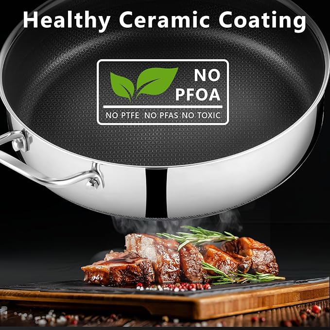 SAKAMOSH 12 Inch Frying Pan Nonstick with Lid, 5.6QT Hybrid Ceramic Deep Saute Pan & Skillet, Tri-Ply Stainless Steel for Even Heat, PFOA/PFOS Free, Induction & Oven Safe