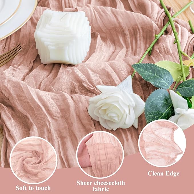 Wokceer Cheesecloth Table Runner 4Pack 10FT Dusty Pink Boho Gauze Fall Christmas Cheese Cloth Table Runner for Party Easter Rustic Sheer Table Runners for Baby Bridal Shower Wedding