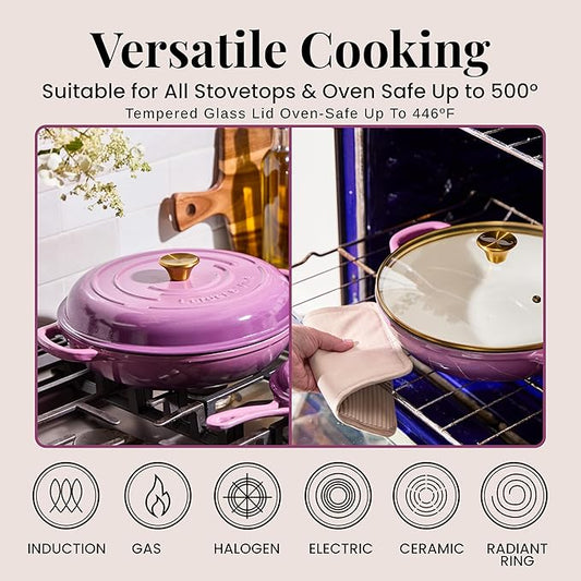 Chef Joe Sasto Enameled Cast Iron Braiser with Lid, for Slow Cooking, Roasting & Searing, Oven Safe, Induction Compatible, Easy-Clean Finish