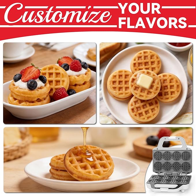 Mini Waffle Maker Machine, Tiny Waffle Bites Iron for Kids, Bake 8 x 2'' Tiny Waffle Bites, Small Waffle Maker, Compact & Easy Use, Non Stick Surface, Recipe Included, White