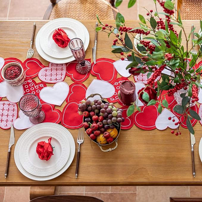 Joyfol Day Valentine’s Day Table Runner 14x69 Inch, Cutwork Embroidered Red Heart Decoration for Wedding Anniversaries, Proposals & Romantic Parties