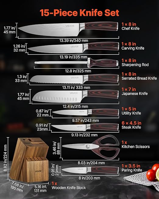 VEVOR Kitchen Knife Set with Block and Sharpener, 15 Piece High Carbon Stainless Steel Knife Set, Rust-Resistant Kitchen Cutlery with Ergonomic Handle, Sharpening Rod & Premium Wooden Block, for Home
