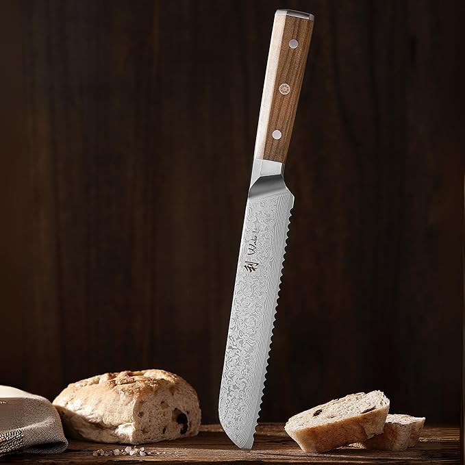 Wakoli Oribu Bread Knife – Full Tang Damascus Knife | 8-Inch Serrated Blade Made of 67-Layer Damascus Steel with AUS-10 Core | Ergonomic Olive Wood Handle | Professional Quality & Sharpness