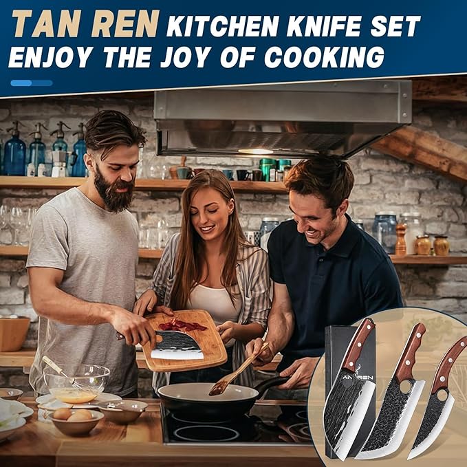 TAN REN 3PCS Butcher Knife Set for Meat Cutting, Hand Forged Meat Cleaver Knives with Wood Handle, Grilling Knife Set for Men, Christmas Gifts for Men