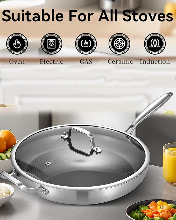 Bzayeat 12 Inch Non-Stick Ceramic Stainless Steel Frying Pan - With Lid & Helper Handle, Induction Compatible Skillet, Dishwasher & Oven Safe Up to 600°F, Detachable Handle, Perfect for 4 People