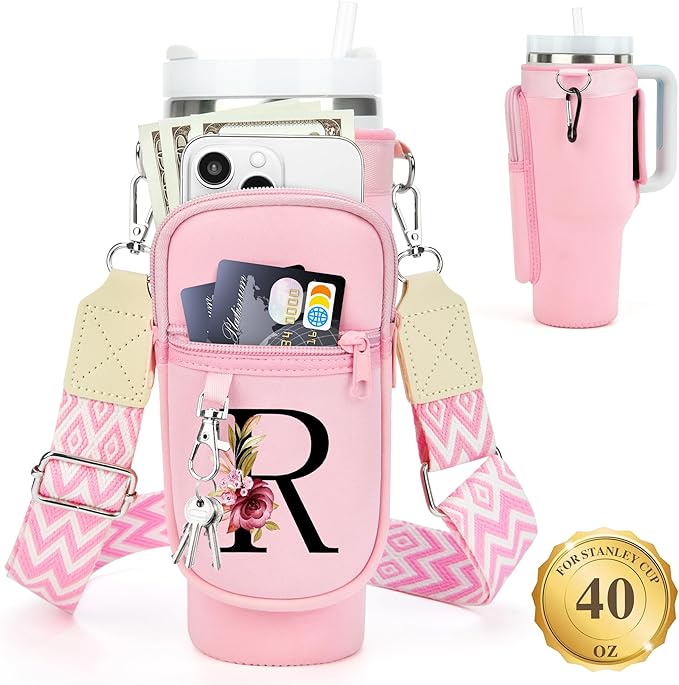 LOKASS Personalized Water Bottle Holder with Strap for Stanley Cup Accessories 40 oz Tumbler, Initial Water Bottle Carrier Bag/Phone Pocket, Mother's Day/Birthday Gifts for Women/Girls