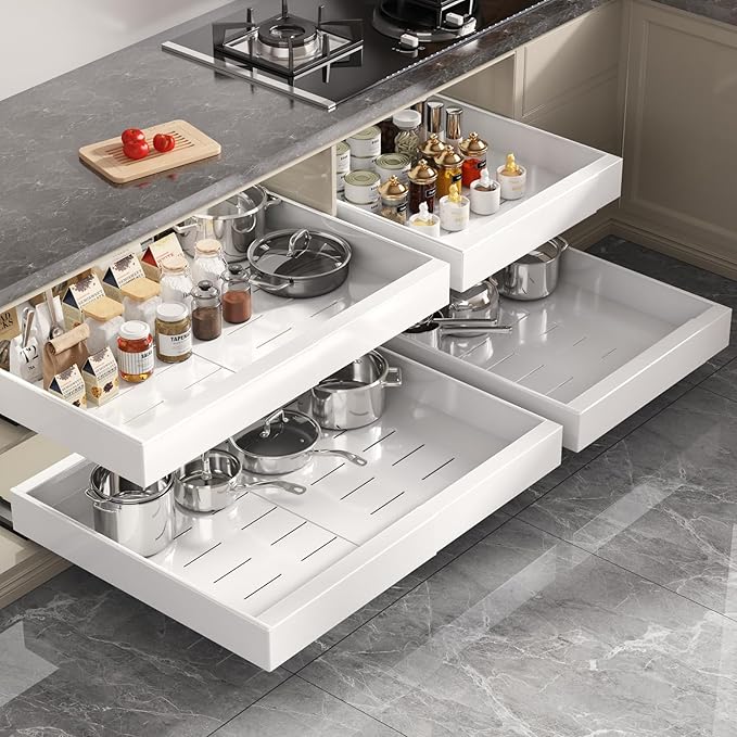 2 Pack Pull Out Cabinet Organizer 22" Deep,Full Extension 3 Slide Rails Slide Out Drawers With Raising Pad for Framed Cabinets,Expandable Width (15.4"-26.2"),No Drill Roll Out shelf,White