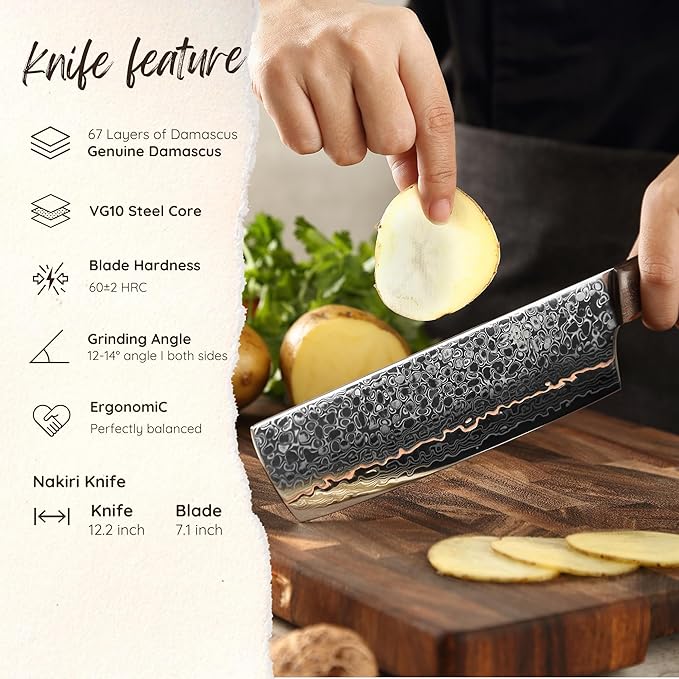Wakoli Kawa Nakiri Knife, 7.1-Inch Blade Damascus Chef Knife | 67-Layer Damascus Steel with VG10 Core | Copper Inlay | Maple Stabilized Wood Handle | Professional Kitchen Knife