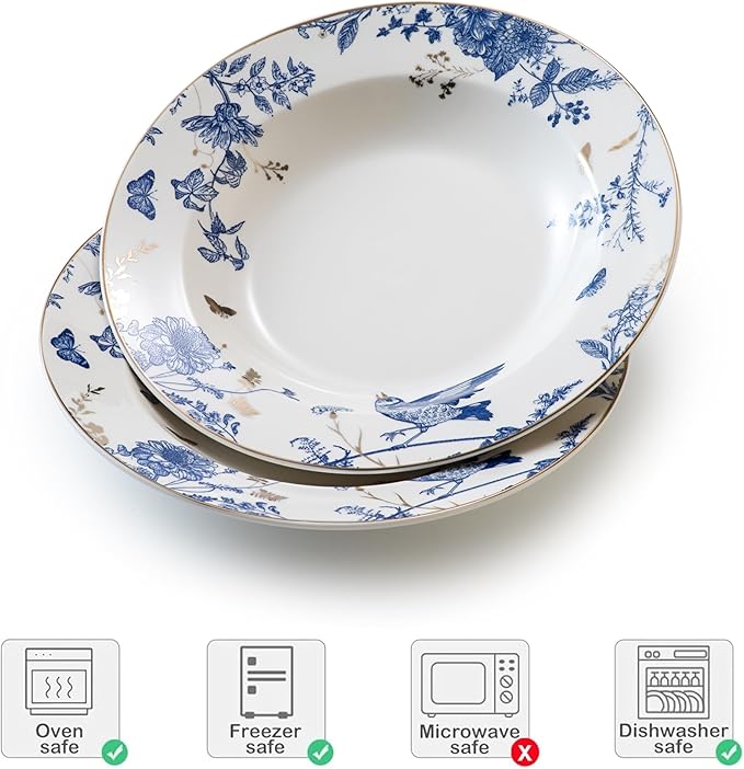 Soup and Pasta Bowls Set of 4,Ceramic Soup Bowls Dinner Bowls Plates Porcelain 9 inches Wide Rim Bowls Set Floral Dinnerware Set Pasta Plates Ideal Serving for Soup,Dessert,Noodle,Thanksgiving
