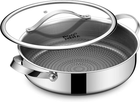 Roomena Saute Pan with Lid, Hybrid Ceramic Nonstick 12 Inch 5-Quart Tri-Ply Stainless Steel Everyday Pan, PFAS/PFOA/PTFE Free, Metal Utensil Safe, Dishwasher & Oven Safe, Induction Compatible