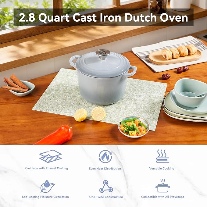 WANGYUANJI 2.8 Quart Enameled Cast Iron Dutch Oven with Lid, 7.5-Inch Heavy-Duty Casserole & Braiser, Oven Safe to 500°F, Stainless Steel Knob, Gradient Gray, All Cooktops Compatible