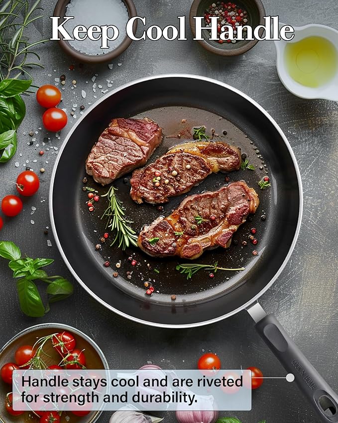 Cook N Home Nonstick Frying Pans Set 3 Piece, 8, 9.5, 11-Inch Kitchen Cooking Skillets Saute Fry Pan Induction Compatible, Marble Red