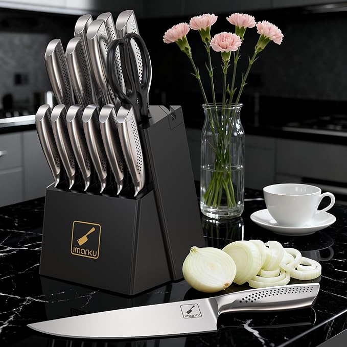 imarku 15-Piece Knife Set with Block, High Carbon Stainless Steel Kitchen Knives with Built-in Sharpener, Dishwasher Safe, Ergonomic Non-Slip Handle, Perfect for Home Cooks & Chefs, Black