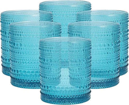 Fortessa Jupiter Beaded Hobnail Glass, 10 Ounce Double Old Fashioned (Set of 6), Lagoon Blue
