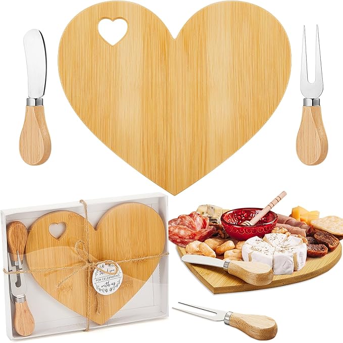 Patelai 1 Set Bridal Shower Favor Heart Cheese Board Cheese Knives Wood Mini Charcuterie Board Thank You Gift Box for Guest Bridal Baby Shower Prize Wedding Birthday Valentines (Bamboo Color)