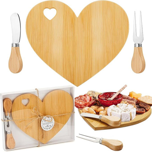 Patelai 1 Set Bridal Shower Favor Heart Cheese Board Cheese Knives Wood Mini Charcuterie Board Thank You Gift Box for Guest Bridal Baby Shower Prize Wedding Birthday Valentines (Bamboo Color)