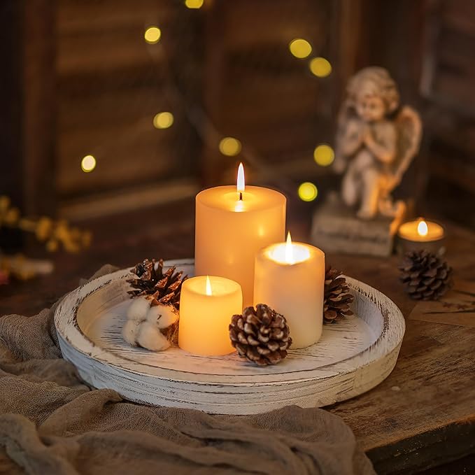 Hanobe Candle Plate Holder Tray: Round Wooden Decorative Candle Plate Small Farmhouse Table Centerpiece Rustic White Wood Tealight Pillar Trays for Home Decor