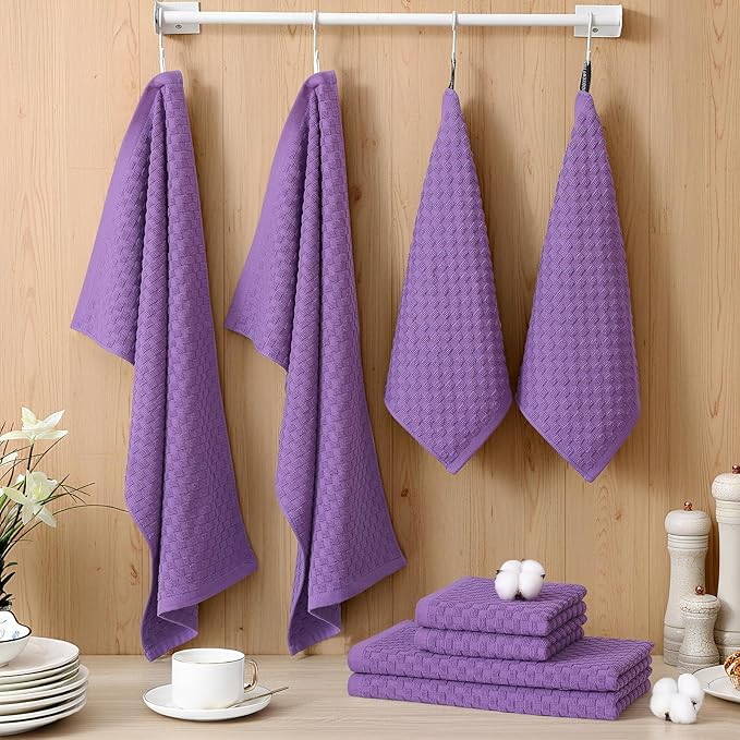 Homaxy 100% Cotton Kitchen Towels and Dishcloths Set, 12 x 12 & 15 x 25 Inches, Set of 10 Bulk Terry Cloth Dish Towels, Super Soft and Absorbent Hand Towel with Hanging Loop, Purple