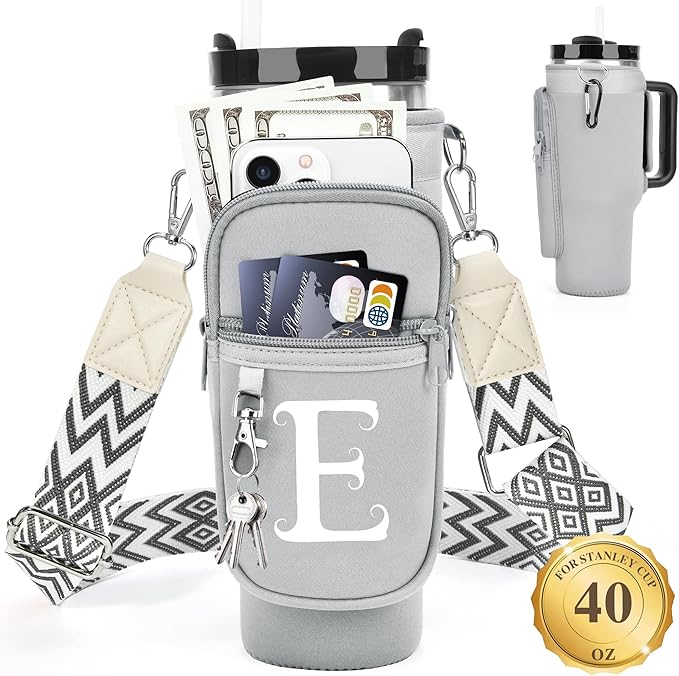 LOKASS Personalized Water Bottle Holder with Strap for Stanley Cup Accessories 40 oz Tumbler, Initial Water Bottle Carrier Bag/Phone Pocket, Mother's Day/Birthday Gifts for Women/Girls