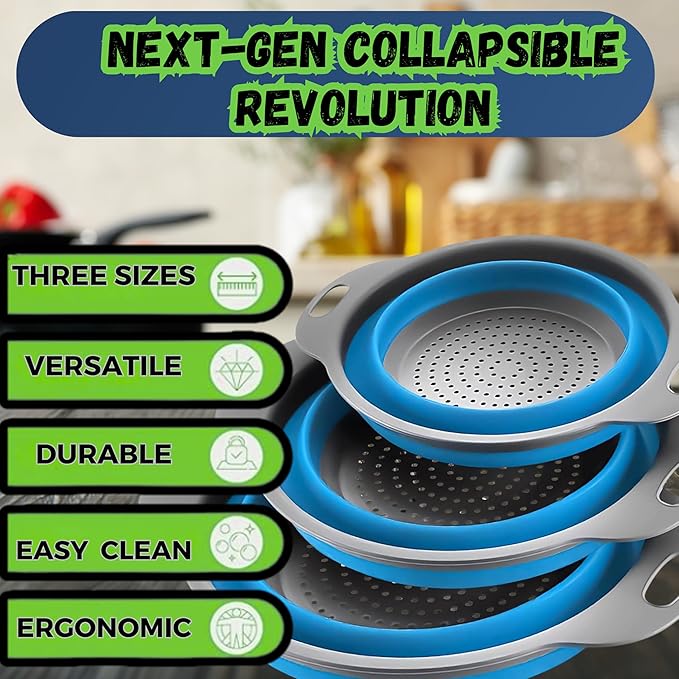 Collapsible Colander Set,Premium Food Grade Silicone Folding Strainers with Handles Space Saving Colanders for Draining Pasta,Vegetables & Fruits,Ideal for Kitchen & Travel (3pc(blue))