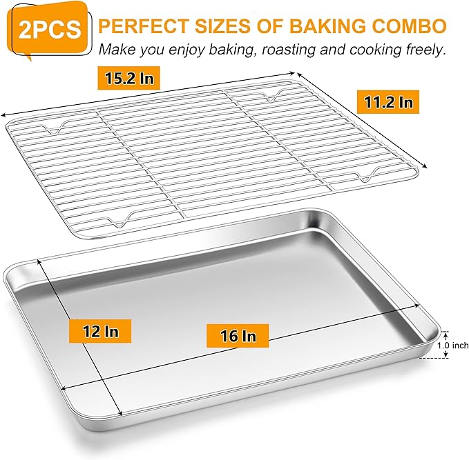 Homikit Baking Sheet with Wire Rack, 16" x 12" Stainless Steel Cookie Sheets for Baking, Thick Metal Baking Tray Jelly Roll Pan with Cooling Rack for Oven Roasting, Nonstick & Dishwasher Safe