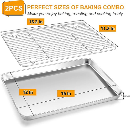 Homikit Baking Sheet with Wire Rack, 16" x 12" Stainless Steel Cookie Sheets for Baking, Thick Metal Baking Tray Jelly Roll Pan with Cooling Rack for Oven Roasting, Nonstick & Dishwasher Safe
