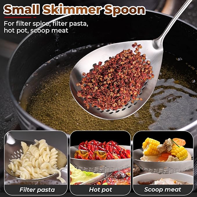 MARTE Skimmer Slotted Spoon,304 Stainless Steel Pasta Spider Strainer Ladle for Frying and Cooking,Set of 2 Kitchen Colanders & Food Strainers，Serving Spoon with Heat-Resistant Solid Wood Handle