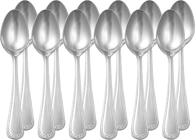 Amazon Basics Stainless Steel Dishwasher Safe Dinner Spoons with Pearled Edge, Large Tablespoons, 7.7 inches, Pack of 12, Silver