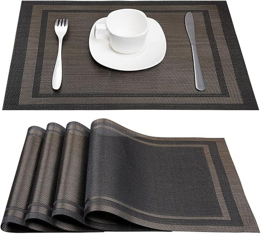 DACHUI Placemats Set of 6, Linen Look Woven Place Mats, Water Resistant, Heat Resistant, Washable, Durable Table Mats (Black Gold)