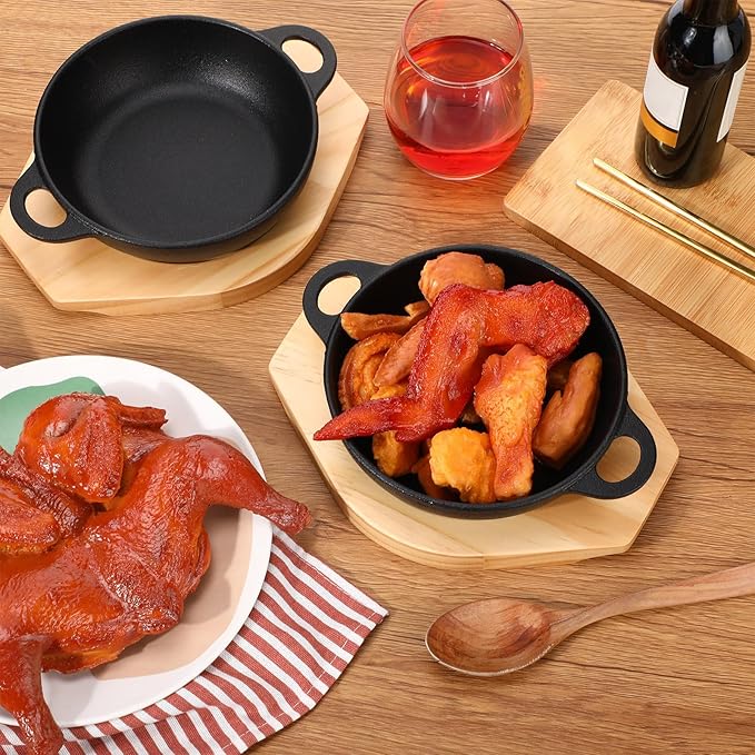 2 Sets Mini Cast Iron Skillet with Wooden Base Small Cast Iron Plates Skillet Pan Round Fajita Plate Hot Steak Pot Dish for Baking Cooking(6.1 Inch)
