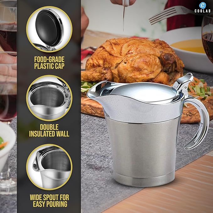 450ML Stainless Steel Gravy Boat with Lid – Double Insulated Gravy Pitcher for Hot & Cold Sauces – Elegant Sauce Boat Small Gravy Server for Steak, Turkey, and Holiday Dinners