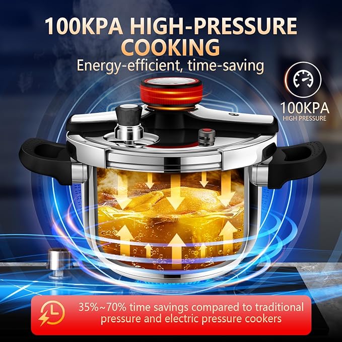 KAIVESEA 6.34 Quart Pressure Cooker, 304 Stainless Steel - Explosion-Proof Lock, One Hand Operation, Fast Cooking, Dishwasher Safe & Induction Compatible, Family Size Cookware