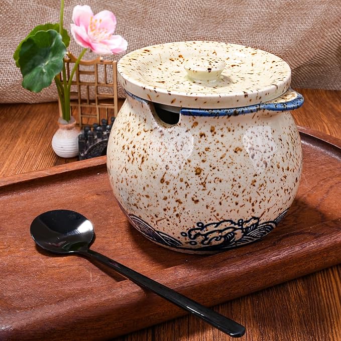 Japanese-Style Fish-Shaped Ceramic Sugar Jar & Spice Container with Lid & Stainless Steel Spoon Set – Decorative Koi Design, Kitchen Storage for Salt, Sugar (yl)