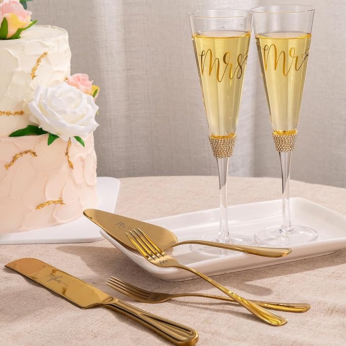 VARLKA Wedding Cake Knife and Server Set, Bride and Groom Champagne Glasses and Gold Cake Cutting Set for Wedding, Cake Cutter and Champagne Flutes Glass for Mr and Mrs Gifts for Coples (Gold)