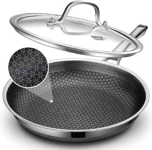 SNOWCLAD Frying Pan with Lid, 10 Inch Hybrid Non Stick Stainless Steel Skillets, Dishwasher Induction Oven Broiler Safe, Non Toxic Chef's Pan, PFOA Free Cookware