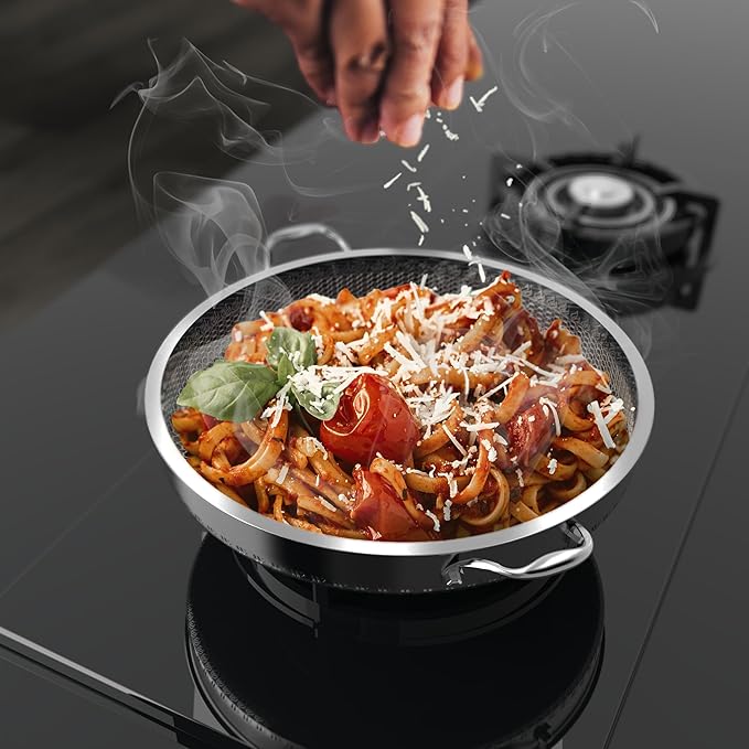 CATHYLIN 316L Stainless Steel 5QT Saute Pan Hexagon Nonstick Wok with Lid, Two Handle to Hold, PFOA Free, Dishwasher Oven Safe (12 inches,5QT)