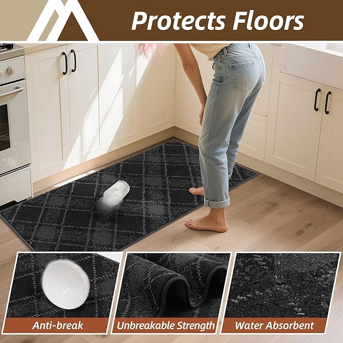 COSY HOMEER Kitchen Rugs and Mats Sets 2PCS Non-Slip Soft Kitchen Mats for Floor Absorbent and Stain Resistant Kitchen Floor Mat Washable Plaid Rugs for Kitchen,20"x32"+20"x48",Dark Grey