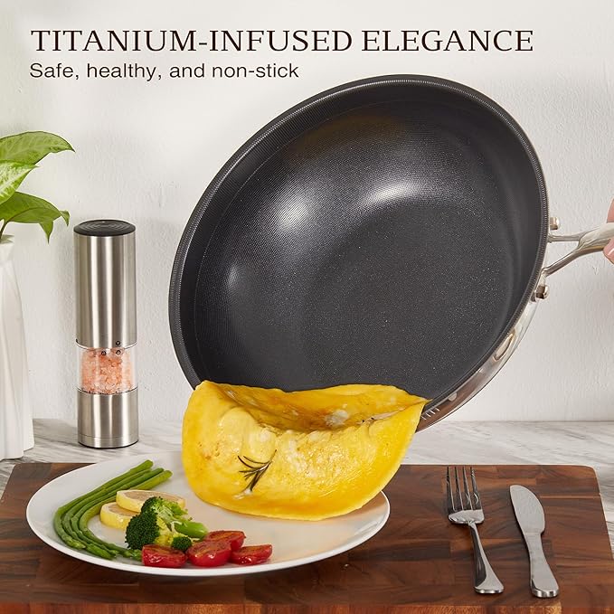 KITEXPERT Non Stick Wok Pan with Lid,12" Titanium Ceramic Pan Nonstick Stainless Steel Stir-fry Pans, PFAS PFOA & PTFE Free, Quick-Cool Handle, Dishwasher & Oven Safe, Compatible with All Cooktops